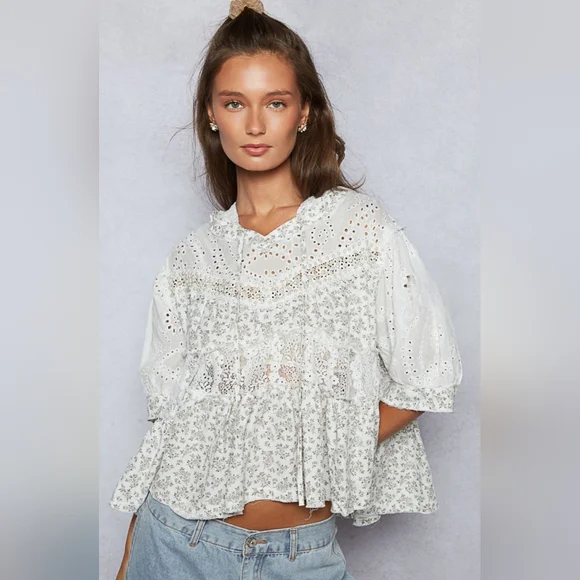 🌞#496 POL ROUND NECK BALLOON HALF SLEEVE HOODIE TOP - Picture 3 of 5